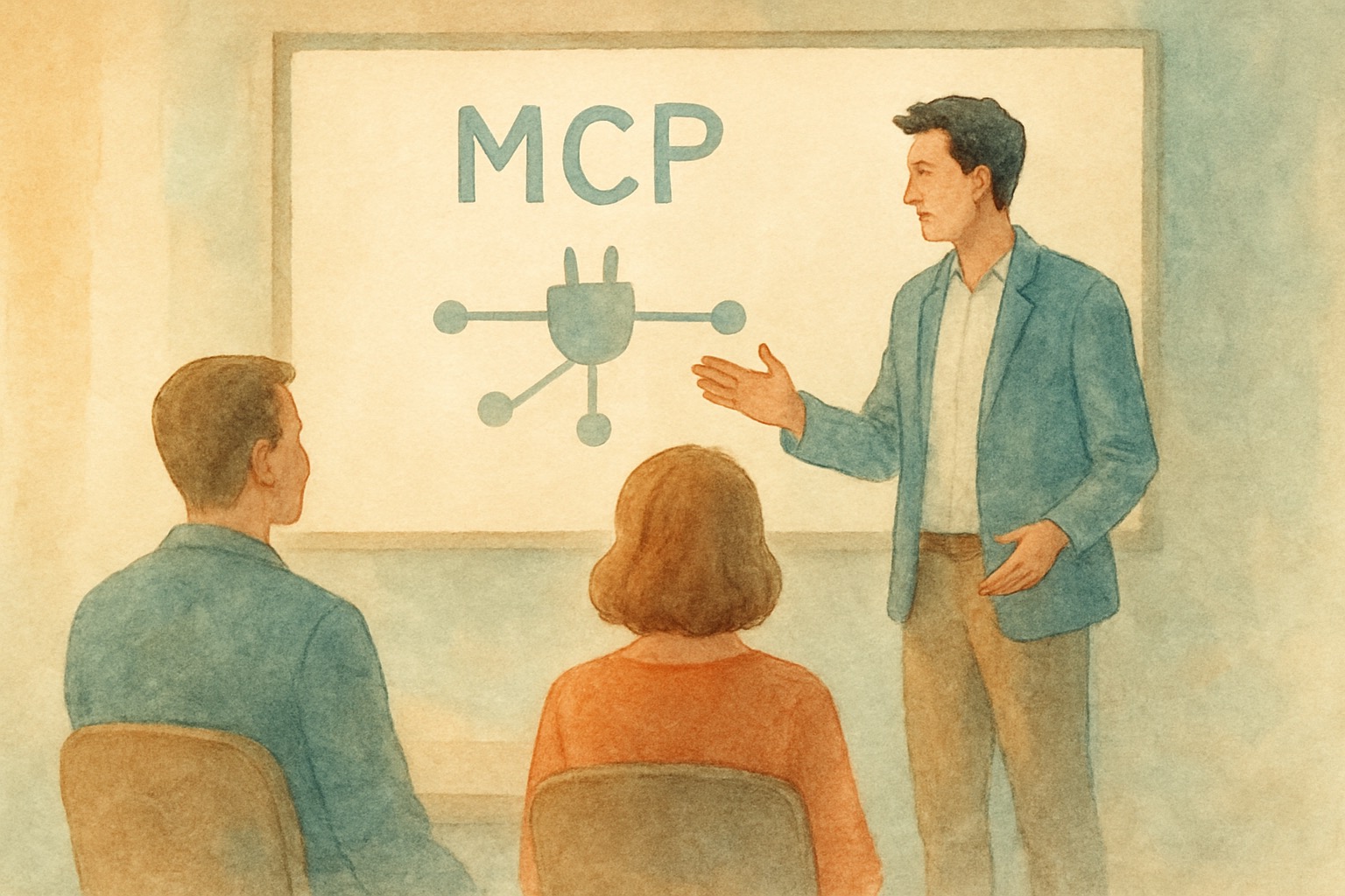 Watercolor illustration of a security shield protecting interconnected AI agent tool connections against a dark backdrop